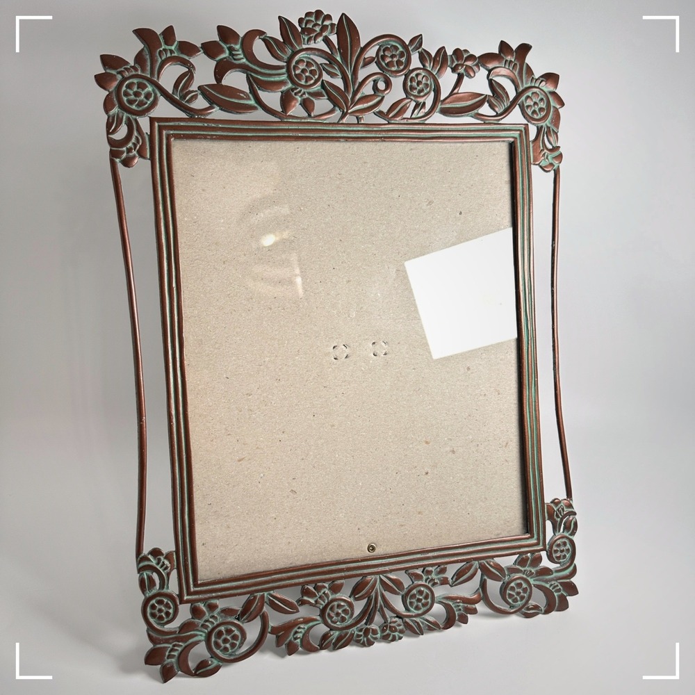 Vtg 8x10 Floral Cast Metal Picture Frame Copper Tone Turquoise Verdigris Photo